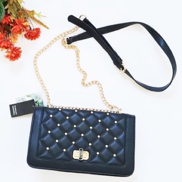 Badgley Mischka black bag cross body chain handle quilted gold studs small bag - Picture 4 of 9